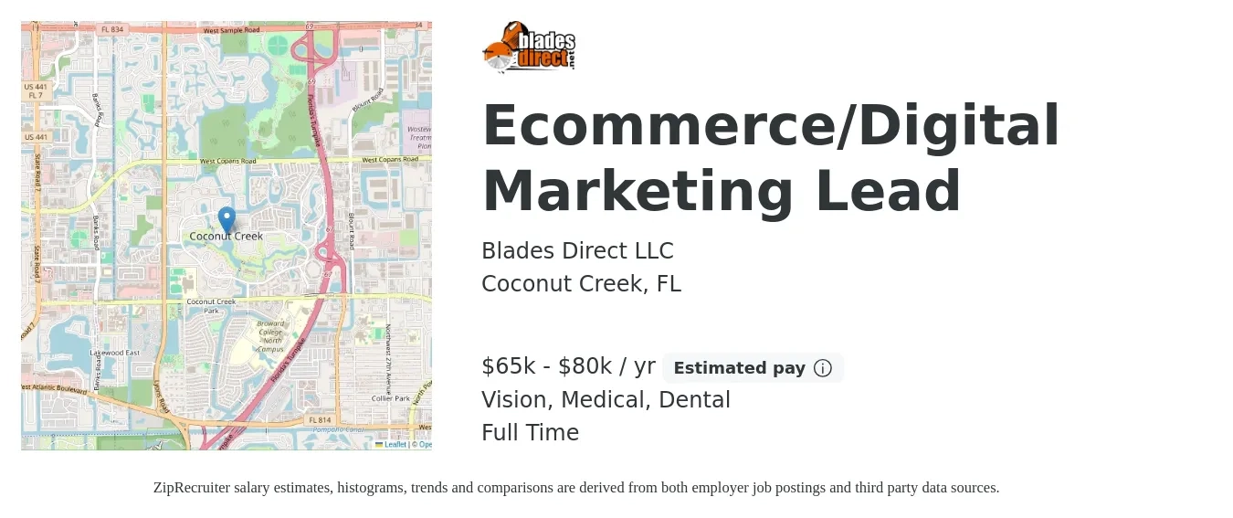 Blades Direct LLC job posting for a Ecommerce/Digital Marketing Lead in Coconut Creek, FL with a salary of $65,000 to $80,000 Yearly and benefits including vision, dental, medical, pto, and retirement with a map of Coconut Creek location.