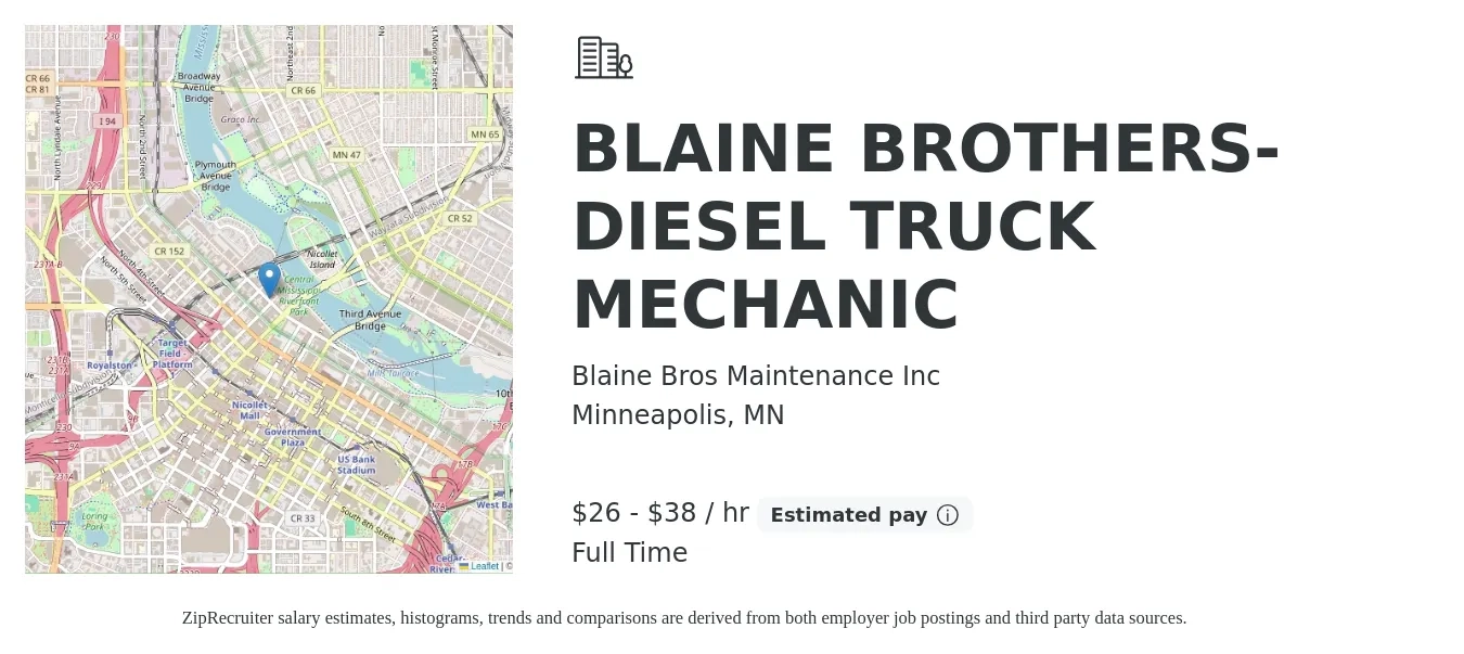 Blaine Bros Maintenance Inc job posting for a BLAINE BROTHERS-DIESEL TRUCK MECHANIC in Minneapolis, MN with a salary of $28 to $40 Hourly with a map of Minneapolis location.
