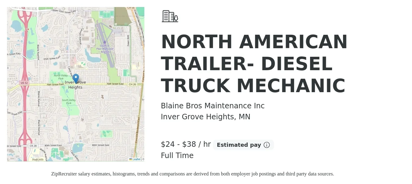 Blaine Bros Maintenance Inc job posting for a NORTH AMERICAN TRAILER- DIESEL TRUCK MECHANIC in Inver Grove Heights, MN with a salary of $25 to $40 Hourly with a map of Inver Grove Heights location.