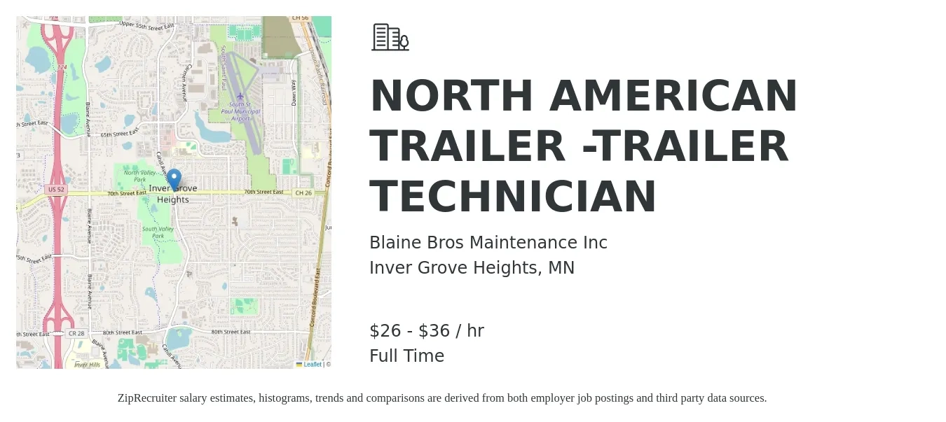 Blaine Bros Maintenance Inc job posting for a NORTH AMERICAN TRAILER -TRAILER TECHNICIAN in Inver Grove Heights, MN with a salary of $28 to $38 Hourly with a map of Inver Grove Heights location.