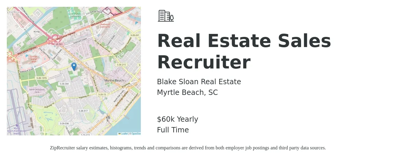 Blake Sloan Real Estate job posting for a Real Estate Sales Recruiter in Myrtle Beach, SC with a salary of $60,000 Yearly with a map of Myrtle Beach location.