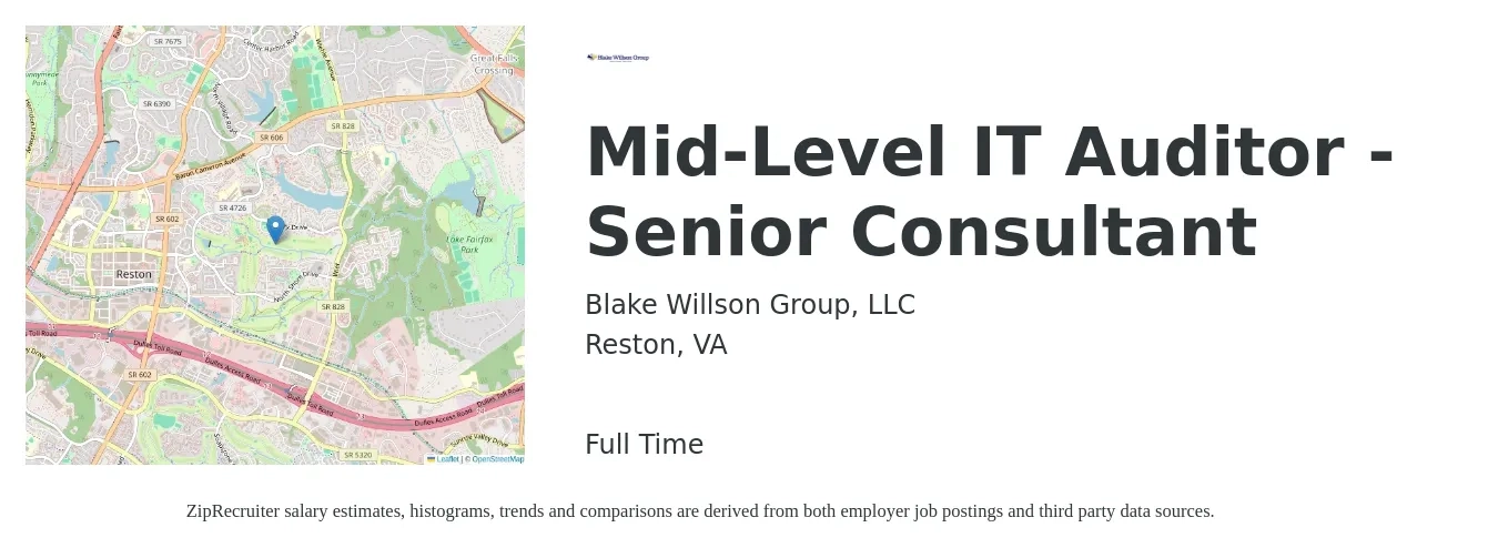 Blake Willson Group, LLC job posting for a Mid-Level IT Auditor - Senior Consultant in Reston, VA with a salary of $97,800 to $128,500 Yearly with a map of Reston location.