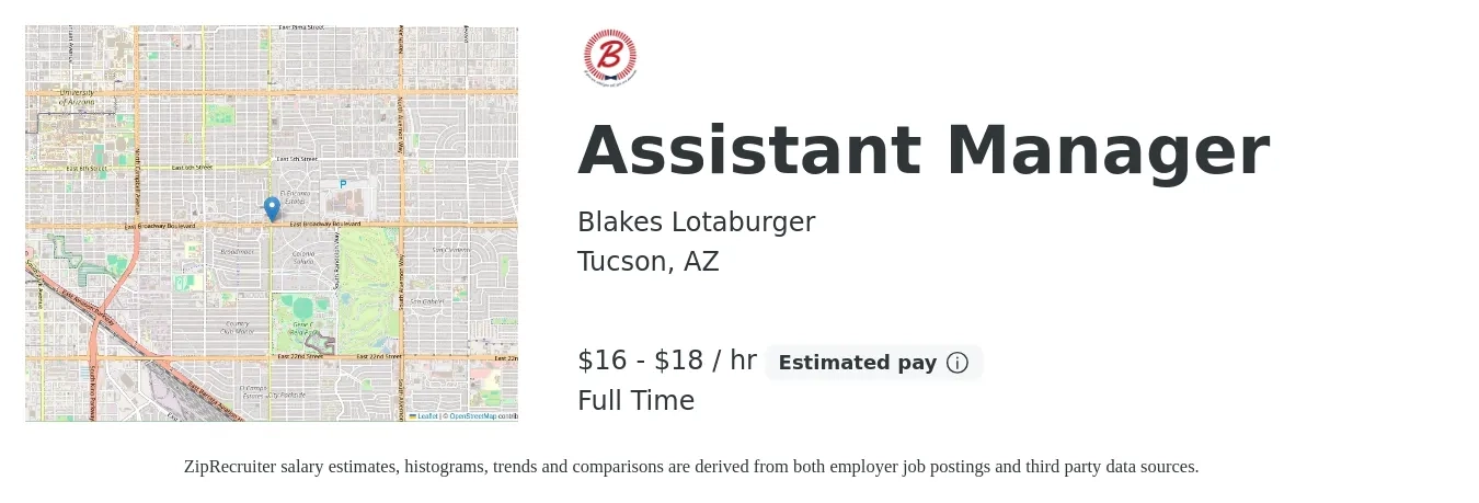 Blakes Lotaburger job posting for a Assistant Manager in Tucson, AZ with a salary of $18 to $19 Hourly with a map of Tucson location.