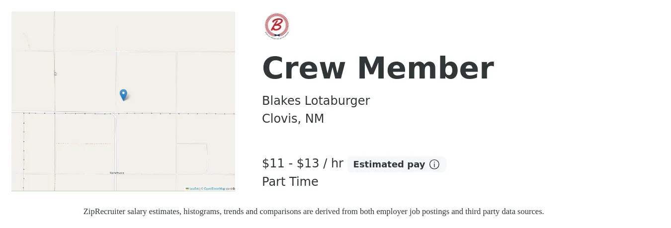 Blakes Lotaburger job posting for a Crew Member in Clovis, NM with a salary of $12 to $14 Hourly with a map of Clovis location.