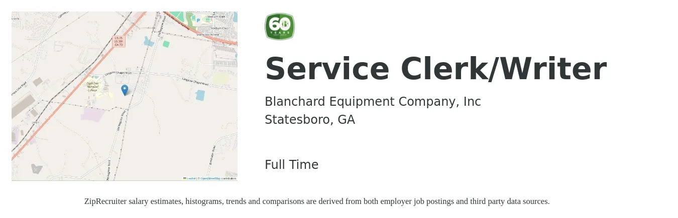 Blanchard Equipment Company, Inc job posting for a Service Clerk/Writer in Statesboro, GA with a salary of $16 to $25 Hourly with a map of Statesboro location.