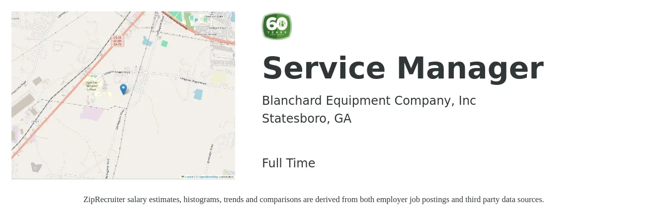 Blanchard Equipment Company, Inc job posting for a Service Manager in Statesboro, GA with a salary of $44,200 to $68,500 Yearly with a map of Statesboro location.