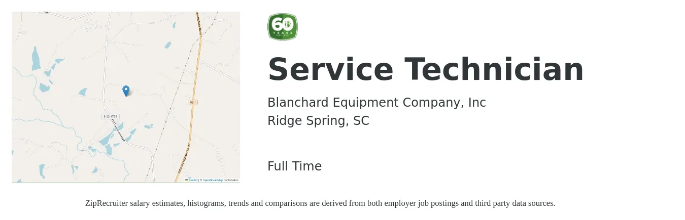 Blanchard Equipment Company, Inc job posting for a Service Technician in Ridge Spring, SC with a salary of $17 to $24 Hourly with a map of Ridge Spring location.