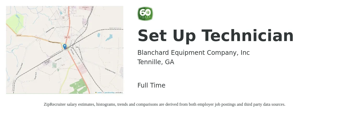 Blanchard Equipment Company, Inc job posting for a Set Up Technician in Tennille, GA with a salary of $16 to $20 Hourly with a map of Tennille location.