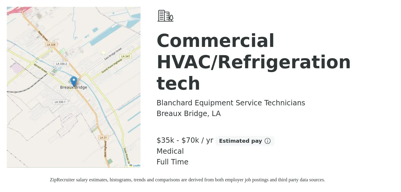 Blanchard Equipment Service Technicians job posting for a Commercial HVAC/Refrigeration tech in Breaux Bridge, LA with a salary of $35,000 to $70,000 Yearly (plus commission) and benefits including retirement, medical, and pto with a map of Breaux Bridge location.