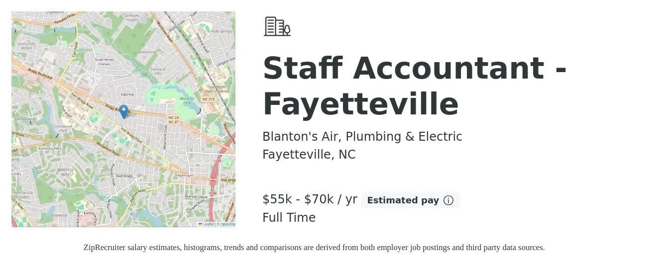 Blanton's Air, Plumbing & Electric job posting for a Staff Accountant - Fayetteville in Fayetteville, NC with a salary of $55,000 to $70,000 Yearly with a map of Fayetteville location.