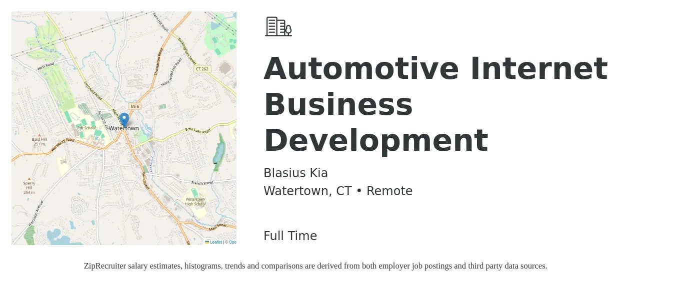 Blasius Kia job posting for a Automotive Internet Business Development in Watertown, CT with a salary of $59,300 to $97,200 Yearly with a map of Watertown location.