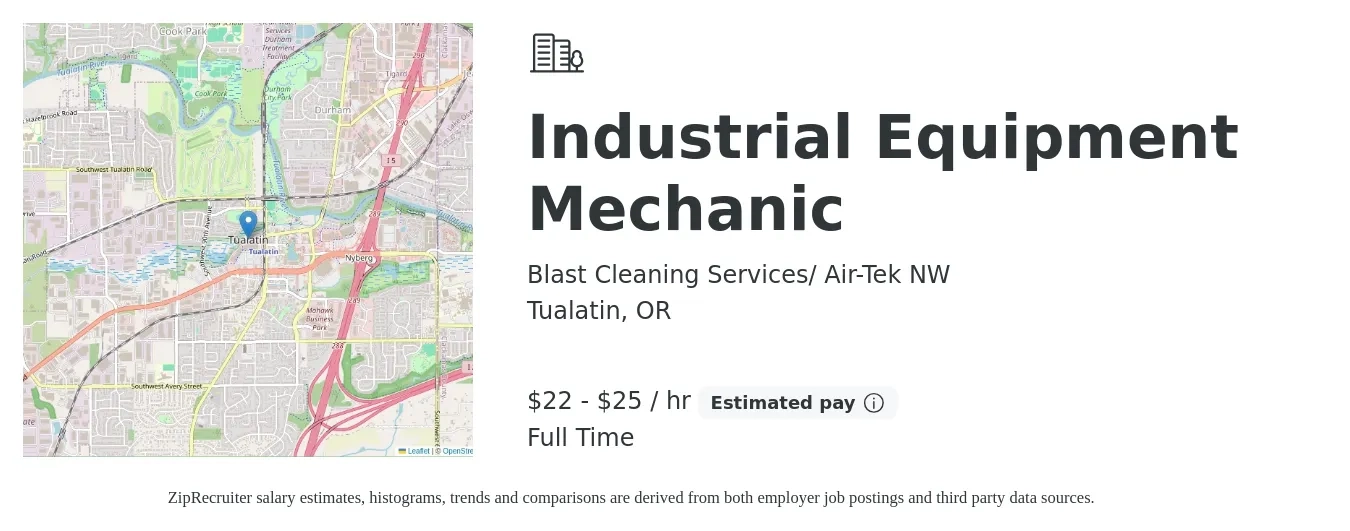 Blast Cleaning Services/ Air-Tek NW job posting for a Industrial Equipment Mechanic in Tualatin, OR with a salary of $23 to $26 Hourly and benefits including retirement with a map of Tualatin location.