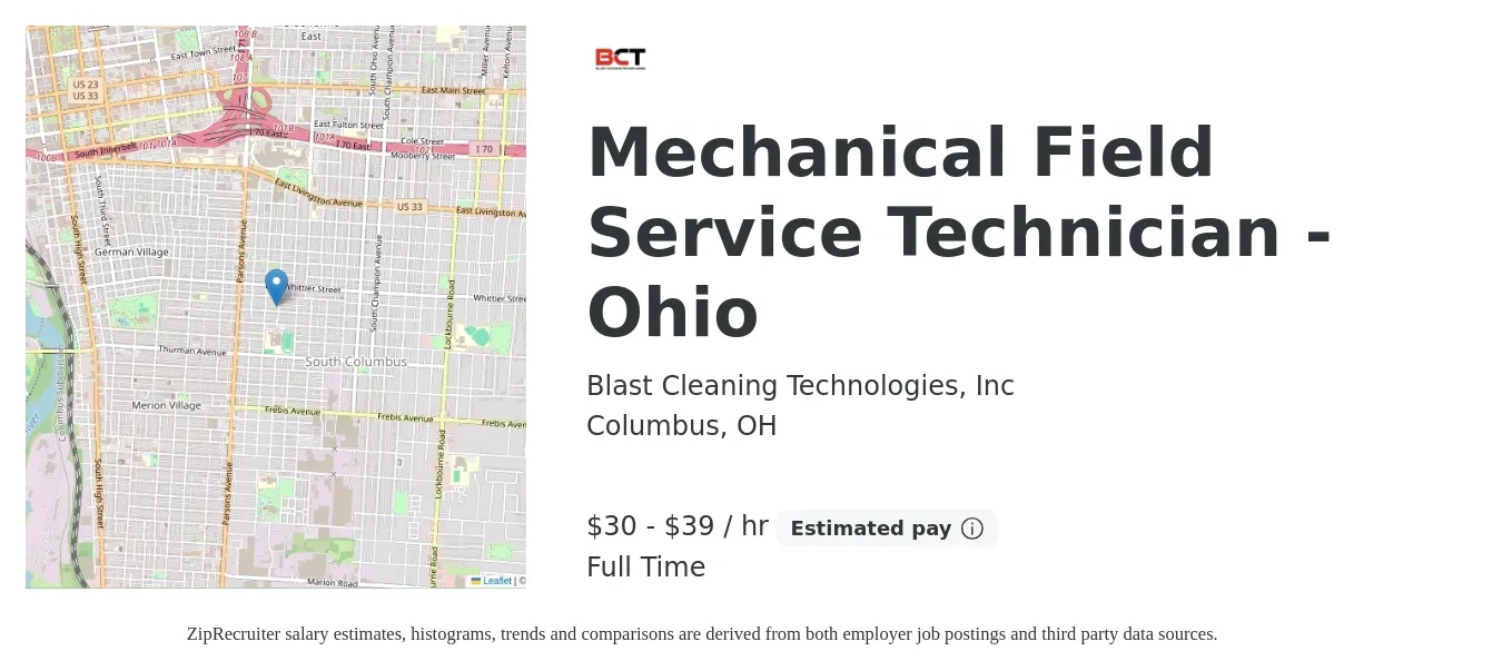 Blast Cleaning Technologies, Inc job posting for a Mechanical Field Service Technician - Ohio in Columbus, OH with a salary of $31 to $41 Hourly with a map of Columbus location.