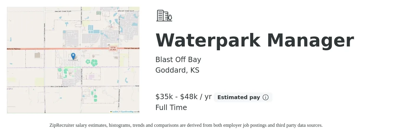 Blast Off Bay job posting for a Waterpark Manager in Goddard, KS with a salary of $35,000 to $48,000 Yearly with a map of Goddard location.