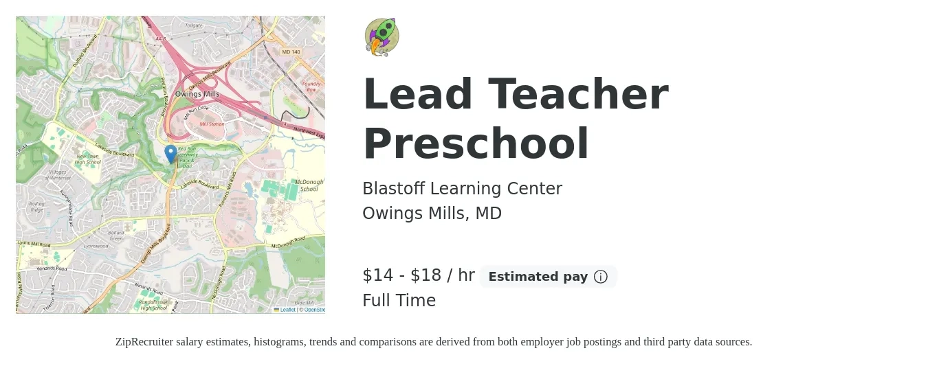 Blastoff Learning Center job posting for a Lead Teacher Preschool in Owings Mills, MD with a salary of $15 to $19 Hourly and benefits including pto, and retirement with a map of Owings Mills location.