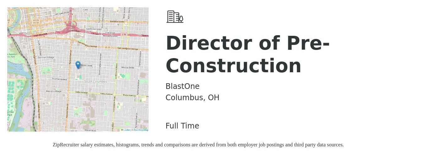 BlastOne job posting for a Director of Pre-Construction in Columbus, OH with a salary of $100,000 to $151,200 Yearly with a map of Columbus location.