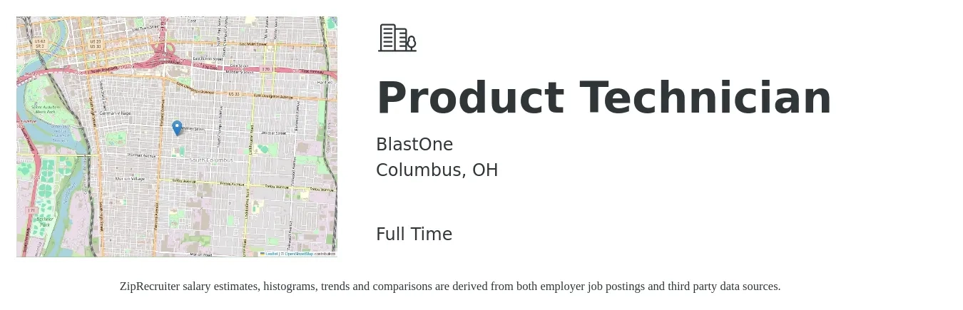 BlastOne job posting for a Product Technician in Columbus, OH with a salary of $90,000 to $100,000 Yearly with a map of Columbus location.