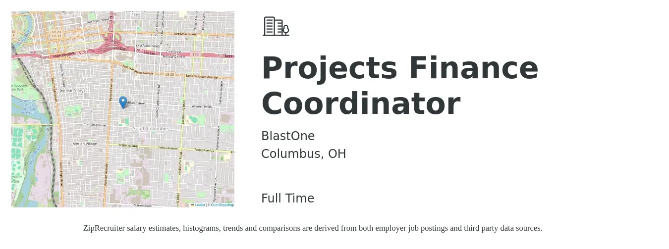 BlastOne job posting for a Projects Finance Coordinator in Columbus, OH with a salary of $60,000 to $70,000 Yearly with a map of Columbus location.
