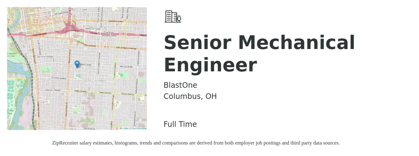 BlastOne job posting for a Senior Mechanical Engineer in Columbus, OH with a salary of $120,000 Yearly with a map of Columbus location.