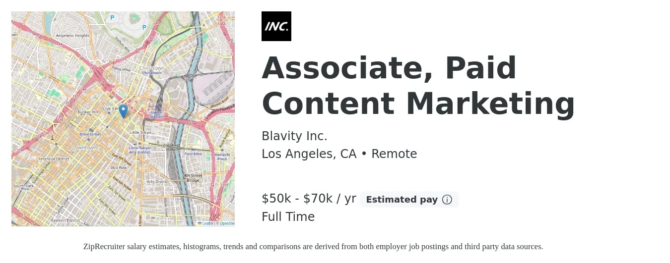 Blavity Inc. job posting for a Associate, Paid Content Marketing in Los Angeles, CA with a salary of $50,000 to $70,000 Yearly with a map of Los Angeles location.