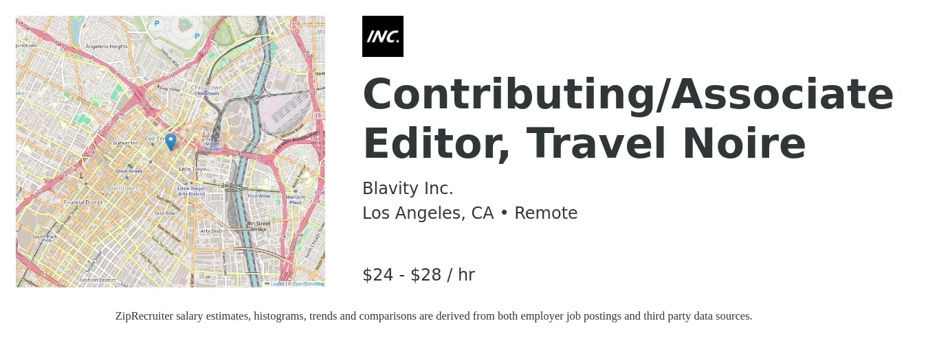 Blavity Inc. job posting for a Contributing/Associate Editor, Travel Noire in Los Angeles, CA with a salary of $25 to $30 Hourly with a map of Los Angeles location.