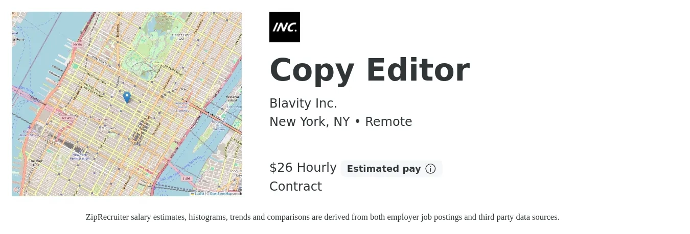 Blavity Inc. job posting for a Copy Editor in New York, NY with a salary of $28 Hourly with a map of New York location.