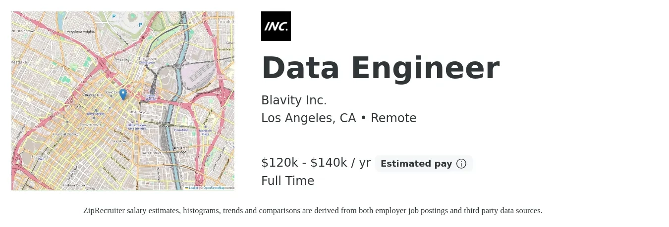 Blavity Inc. job posting for a Data Engineer in Los Angeles, CA with a salary of $120,000 to $140,000 Yearly with a map of Los Angeles location.