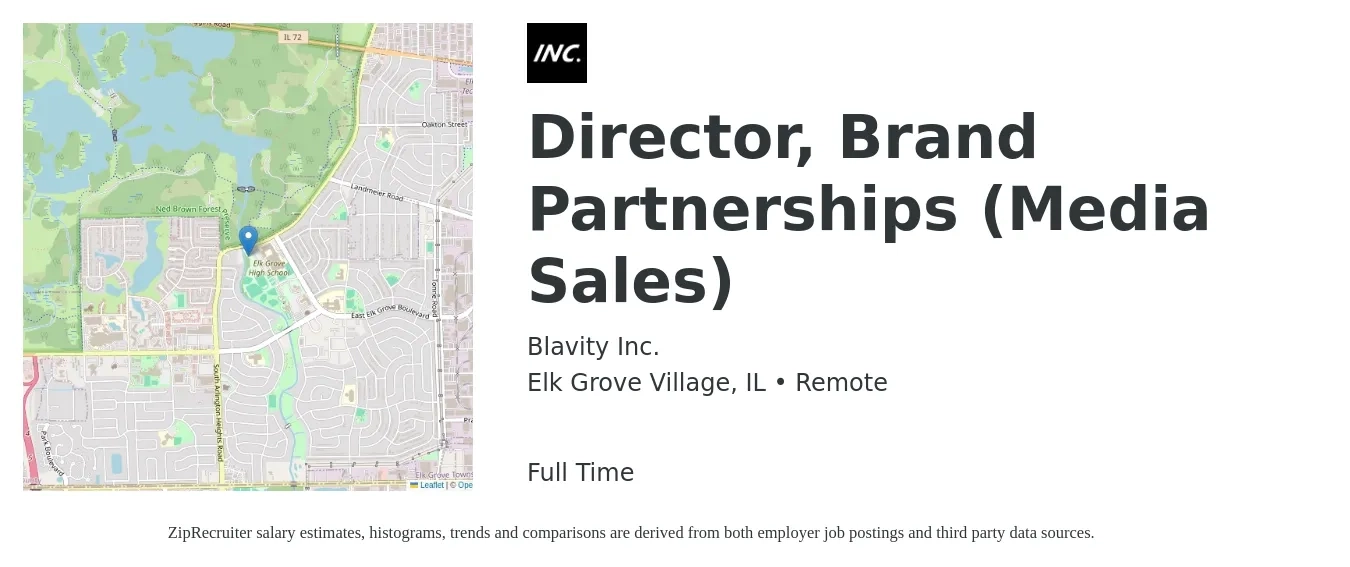 Blavity Inc. job posting for a Director, Brand Partnerships (Media Sales) in Elk Grove Village, IL with a salary of $130,000 to $145,000 Yearly with a map of Elk Grove Village location.