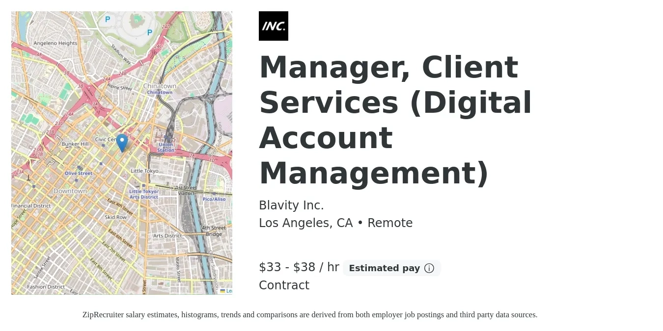 Blavity Inc. job posting for a Manager, Client Services (Digital Account Management) in Los Angeles, CA with a salary of $35 to $40 Hourly with a map of Los Angeles location.