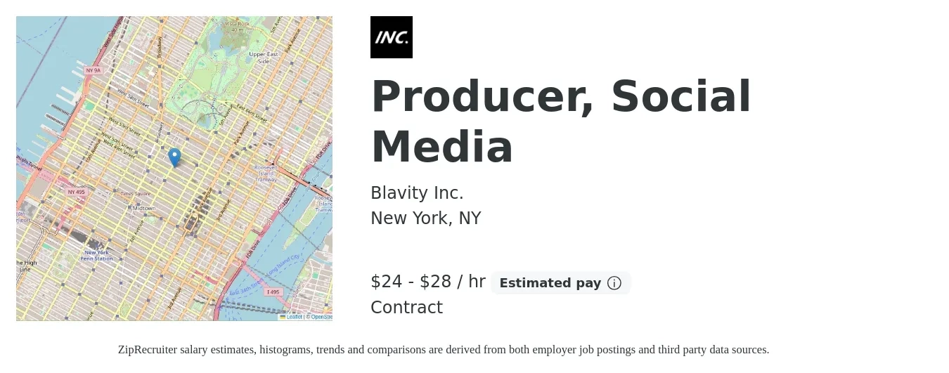 Blavity Inc. job posting for a Producer, Social Media in New York, NY with a salary of $25 to $30 Hourly with a map of New York location.