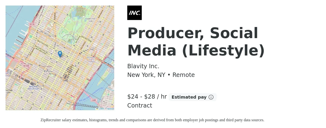 Blavity Inc. job posting for a Producer, Social Media (Lifestyle) in New York, NY with a salary of $25 to $30 Hourly with a map of New York location.