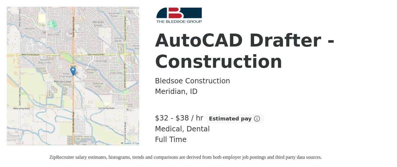 Bledsoe Construction job posting for a AutoCAD Drafter - Construction in Meridian, ID with a salary of $34 to $40 Hourly and benefits including dental, medical, and retirement with a map of Meridian location.
