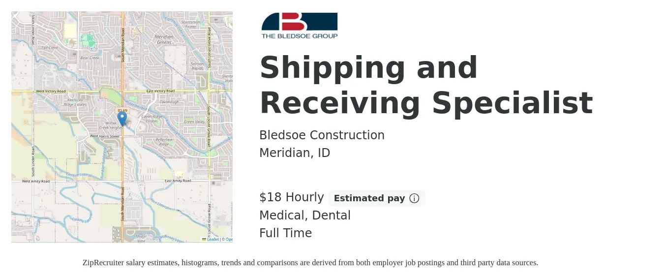Bledsoe Construction job posting for a Shipping and Receiving Specialist in Meridian, ID with a salary of $19 Hourly and benefits including medical, retirement, and dental with a map of Meridian location.