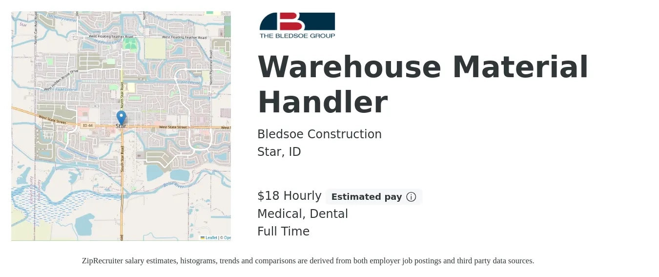 Bledsoe Construction job posting for a Warehouse Material Handler in Star, ID with a salary of $19 Hourly and benefits including medical, retirement, and dental with a map of Star location.