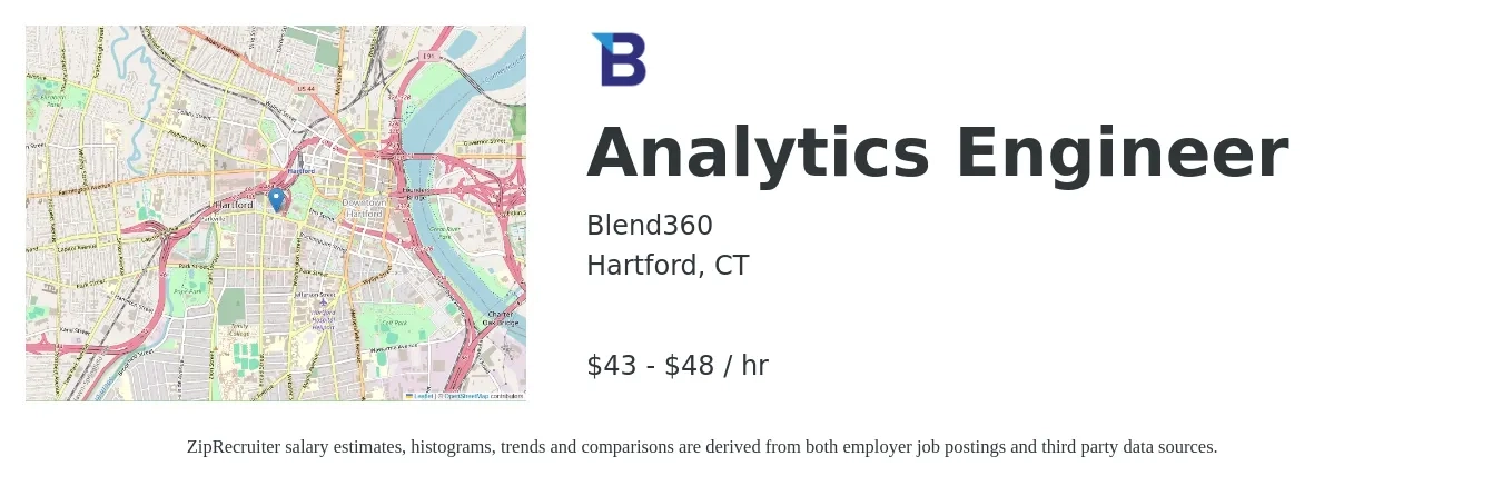 Blend360 job posting for a Analytics Engineer in Hartford, CT with a salary of $45 to $50 Hourly with a map of Hartford location.
