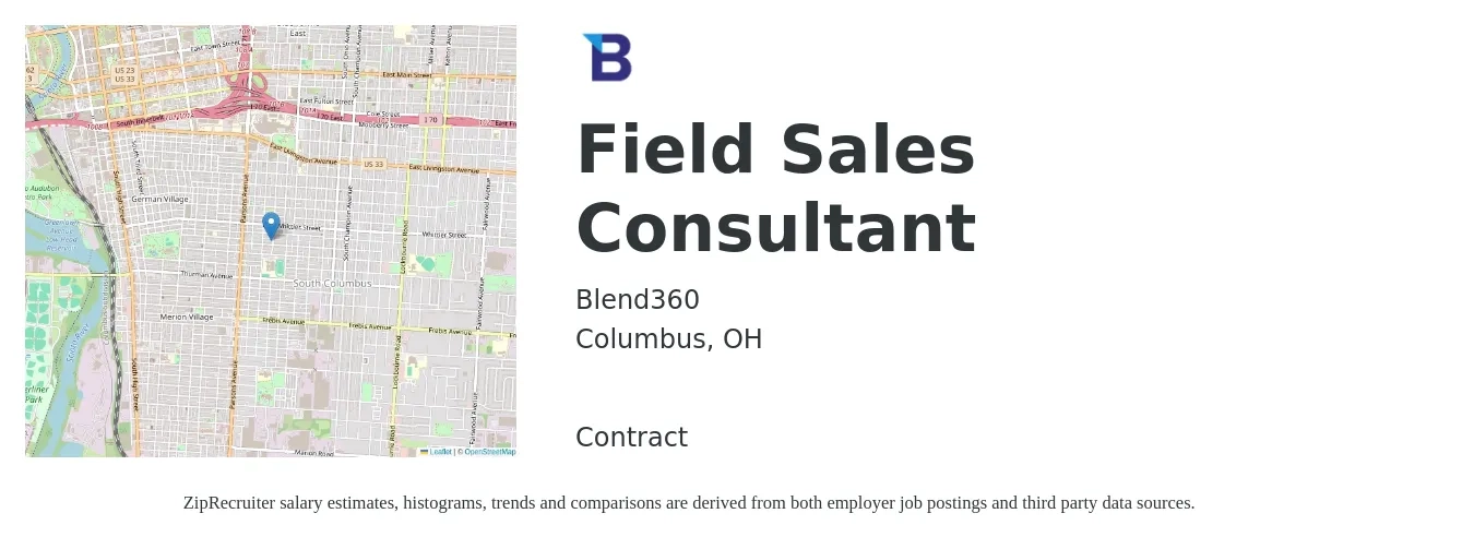 Blend360 job posting for a Field Sales Consultant in Columbus, OH with a salary of $1,006 Weekly with a map of Columbus location.