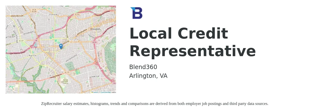 Blend360 job posting for a Local Credit Representative in Arlington, VA with a salary of $1,160 Weekly with a map of Arlington location.