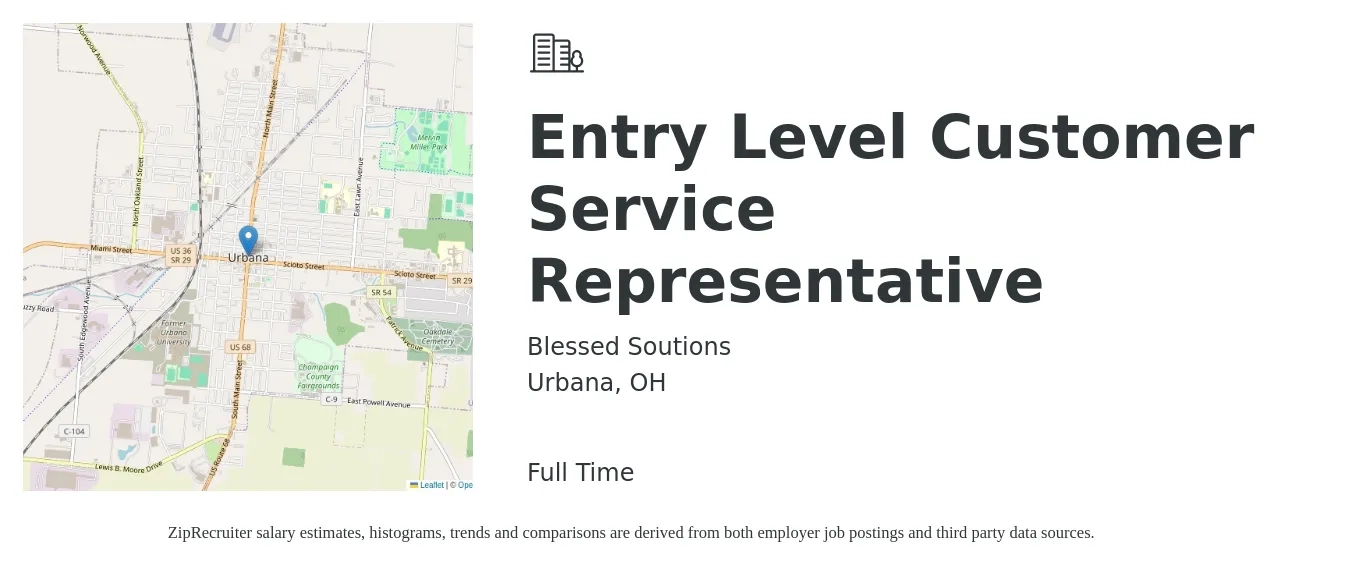 Blessed Soutions job posting for a Entry Level Customer Service Representative in Urbana, OH with a salary of $700 to $1,000 Weekly with a map of Urbana location.