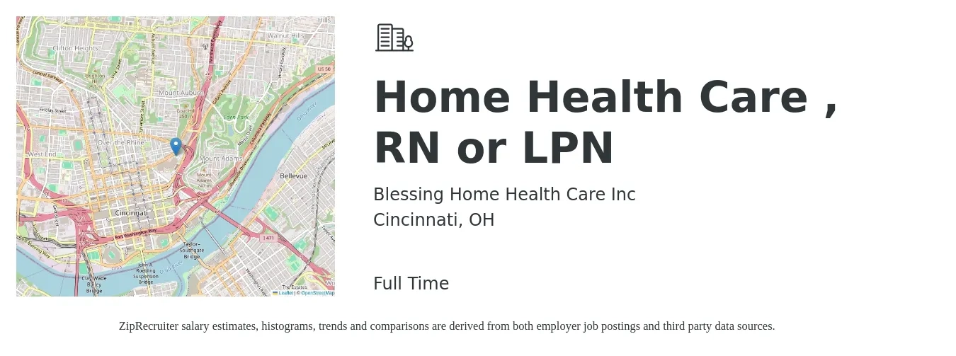 Blessing Home Health Care Inc job posting for a Home Health Care , RN or LPN in Cincinnati, OH with a salary of $25 to $33 Hourly with a map of Cincinnati location.