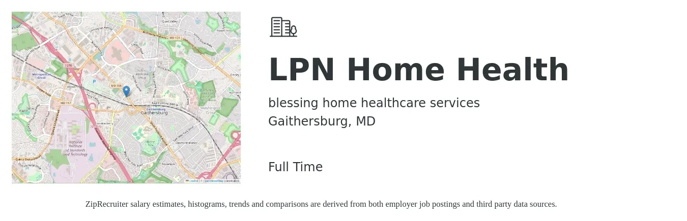 blessing home healthcare services job posting for a LPN Home Health in Gaithersburg, MD with a salary of $28 to $37 Hourly with a map of Gaithersburg location.