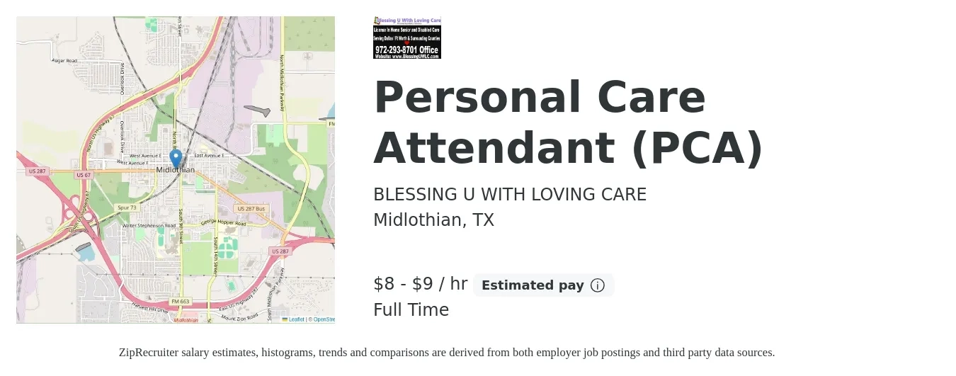 BLESSING U WITH LOVING CARE job posting for a Personal Care Attendant (PCA) in Midlothian, TX with a salary of $9 to $10 Hourly with a map of Midlothian location.