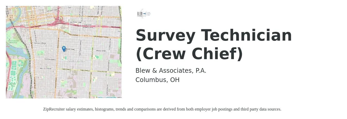 Blew & Associates, P.A. job posting for a Survey Technician (Crew Chief) in Columbus, OH with a salary of $24 to $36 Hourly with a map of Columbus location.