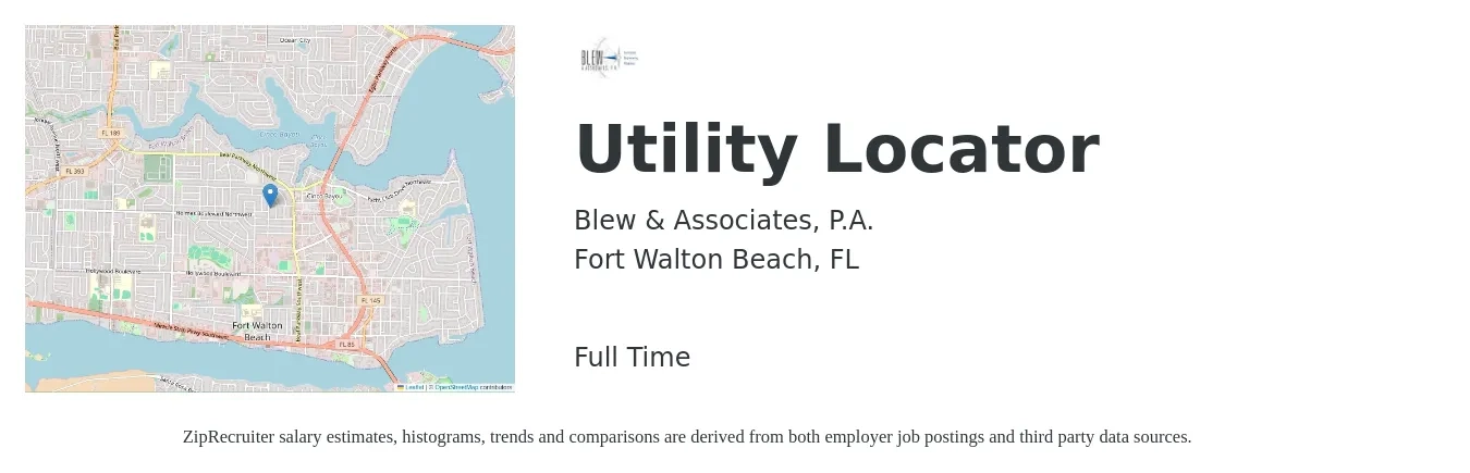 Blew & Associates, P.A. job posting for a Utility Locator in Fort Walton Beach, FL with a salary of $13 to $16 Hourly with a map of Fort Walton Beach location.