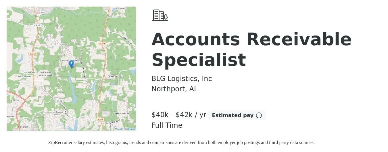 BLG Logistics, Inc job posting for a Accounts Receivable Specialist in Northport, AL with a salary of $40,000 to $42,500 Yearly with a map of Northport location.