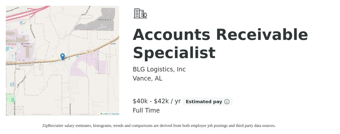 BLG Logistics, Inc job posting for a Accounts Receivable Specialist in Vance, AL with a salary of $40,000 to $42,500 Yearly with a map of Vance location.