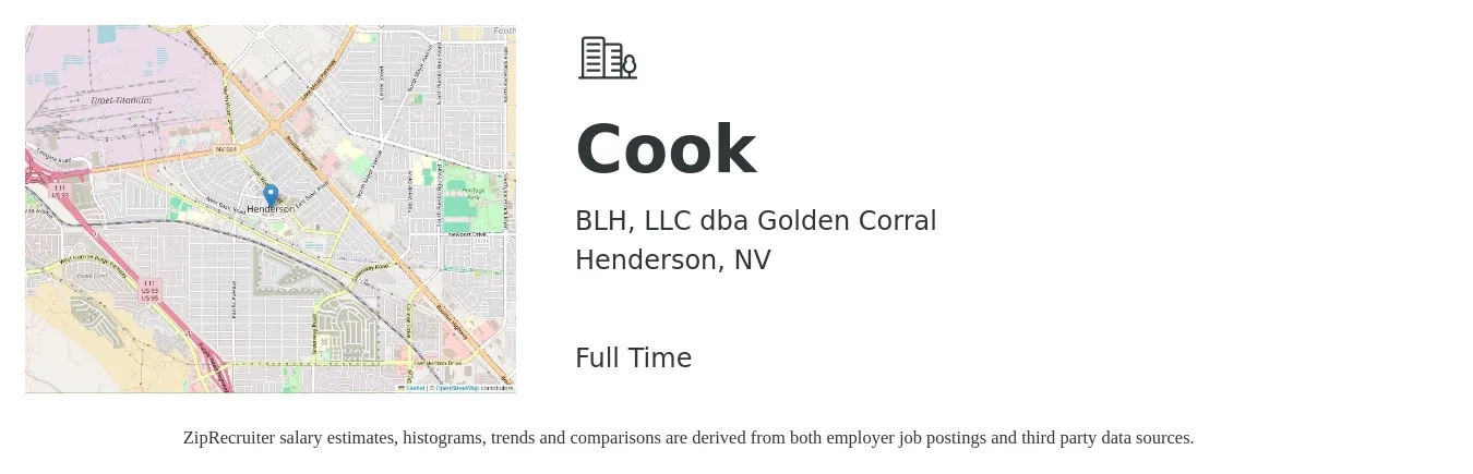 BLH, LLC dba Golden Corral job posting for a Cook in Henderson, NV with a salary of $13 to $18 Hourly with a map of Henderson location.