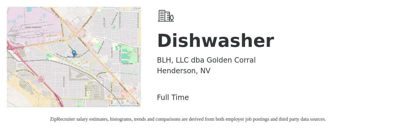BLH, LLC dba Golden Corral job posting for a Dishwasher in Henderson, NV with a salary of $12 to $16 Hourly with a map of Henderson location.