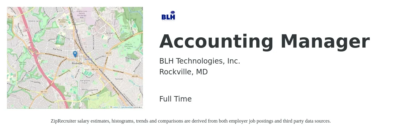 BLH Technologies, Inc. job posting for a Accounting Manager in Rockville, MD with a salary of $80 to $95 Yearly with a map of Rockville location.