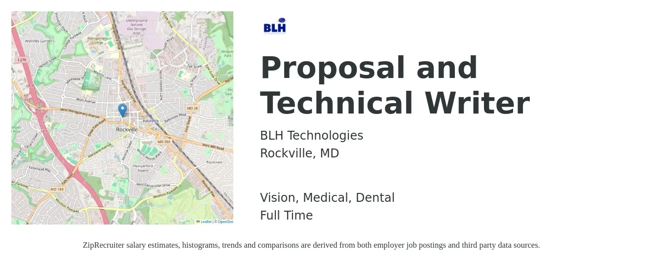 BLH Technologies job posting for a Proposal and Technical Writer in Rockville, MD with a salary of $72,400 to $101,900 Yearly and benefits including medical, retirement, vision, and dental with a map of Rockville location.