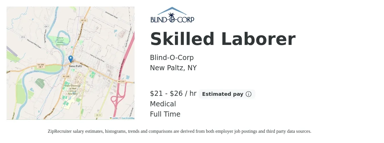 Blind-O-Corp job posting for a Skilled Laborer in New Paltz, NY with a salary of $22 to $28 Hourly and benefits including medical, pto, and retirement with a map of New Paltz location.